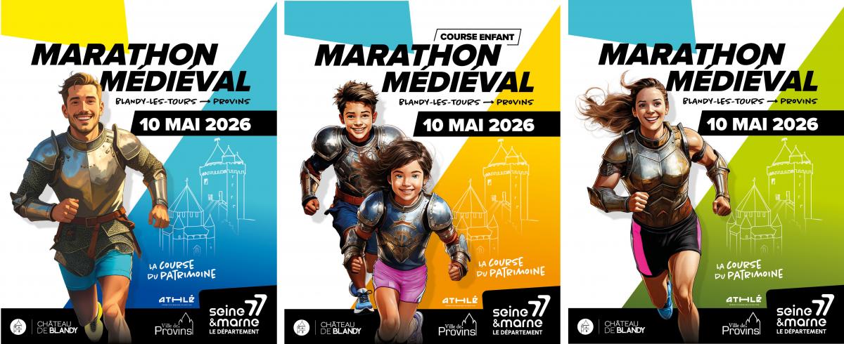 3 affiches du marathon médiéval Blandy-Provins 