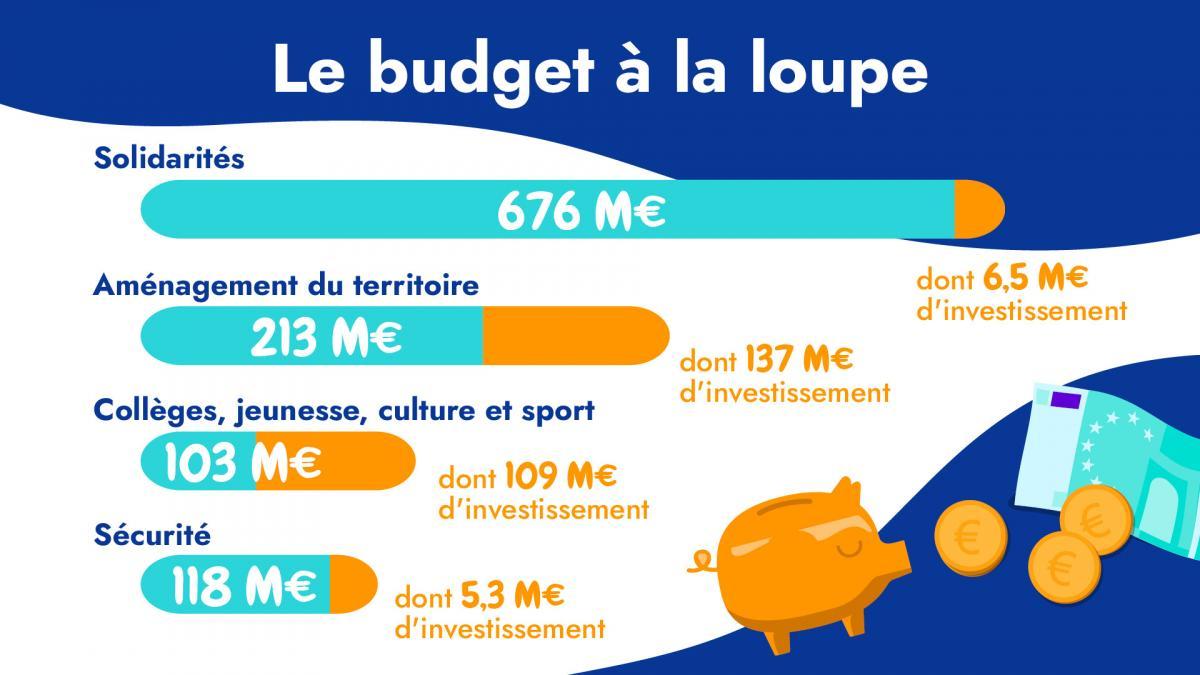 Infographie sur la répartition du budget : 676 M€ pour les solidarités, 213 M€ pour l'aménagement du territoire, 103 M€ pour les collèges, la jeunesse, la culture et les sports et 118 M€ pour la sécurité