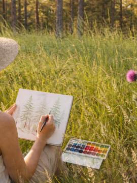 Une femme dessine à l'aquarelle dans une forêt