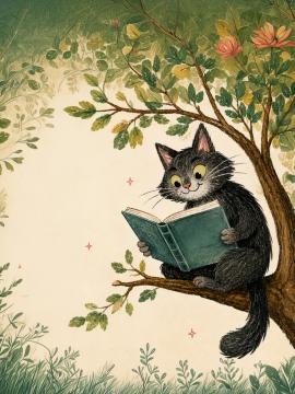 Chat qui lit sur un arbre