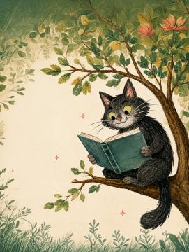 Chat qui lit sur un arbre