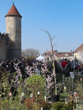 Stand de pépiniéristes devant l'enceinte d'un château médiéval