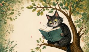 Chat qui lit sur un arbre