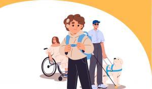 trois personnes représentent les handicaps visuels, moteurs et auditifs