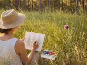 Une femme dessine à l'aquarelle dans une forêt