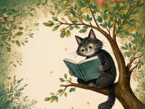 Chat qui lit sur un arbre