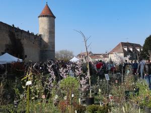 Stand de pépiniéristes devant l'enceinte d'un château médiéval