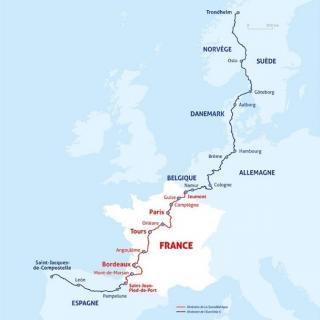 Carte de l'itinéraire de la Scandibérique reliant Trondheim en Norvège à Saint‐Jacques‐de‐Compostelle en Espagne