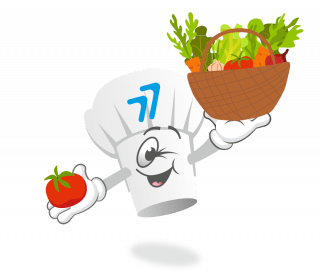 Une toque de chef de cuisine porte un panier de légumes et un fruit