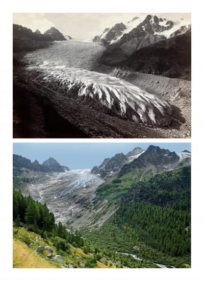 Photographie d'un glacier avant-après la fonte des glaces