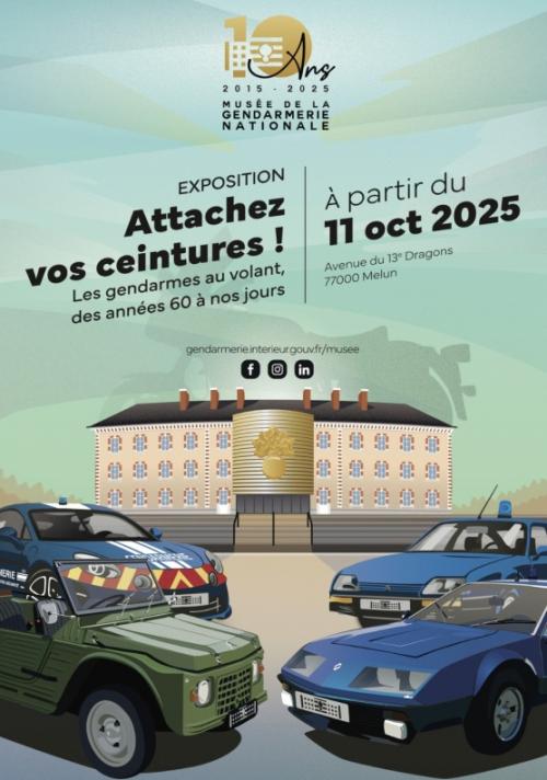 Affiche de l'exposition "ATtachez vos ceintures ! Les gendarmes au volant des années 1960 à nos jours"